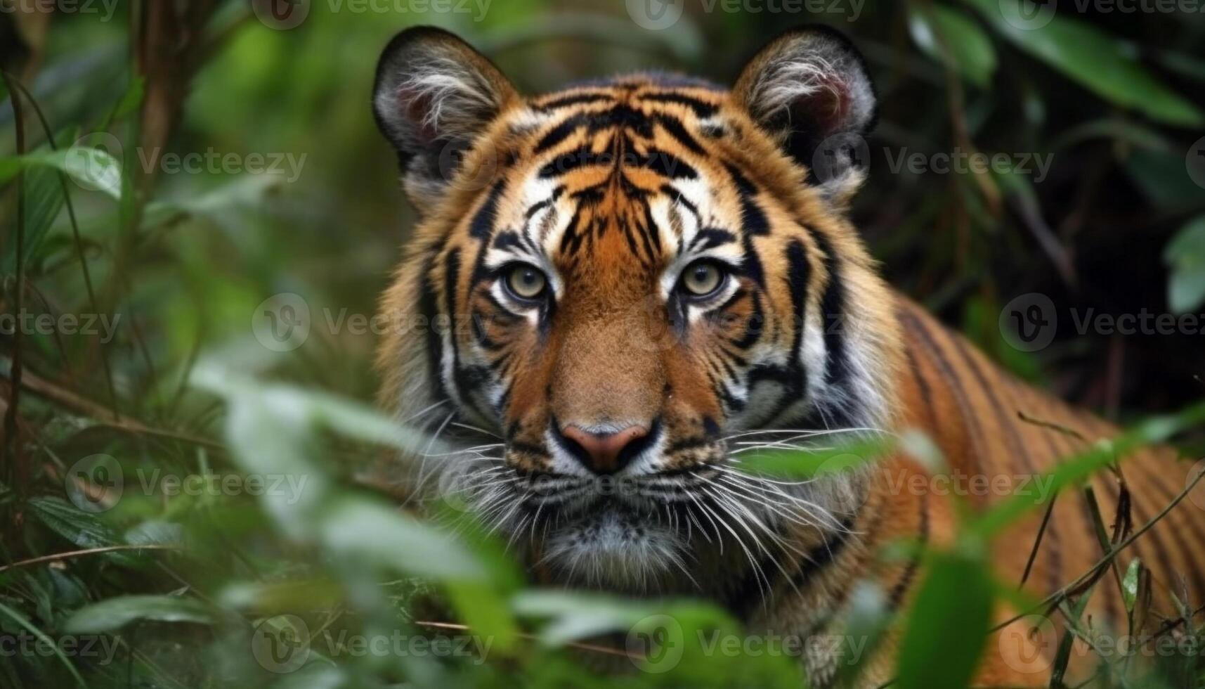 Tiger in nature, striped fur, fierce eyes, hiding in wilderness generated by AI photo