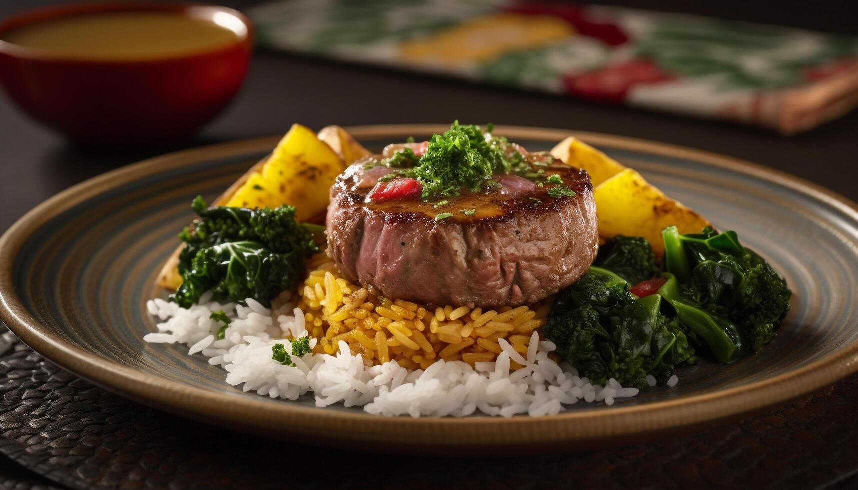 Grilled steak with vegetables, cooked to perfection, ready to eat main course generated by AI photo