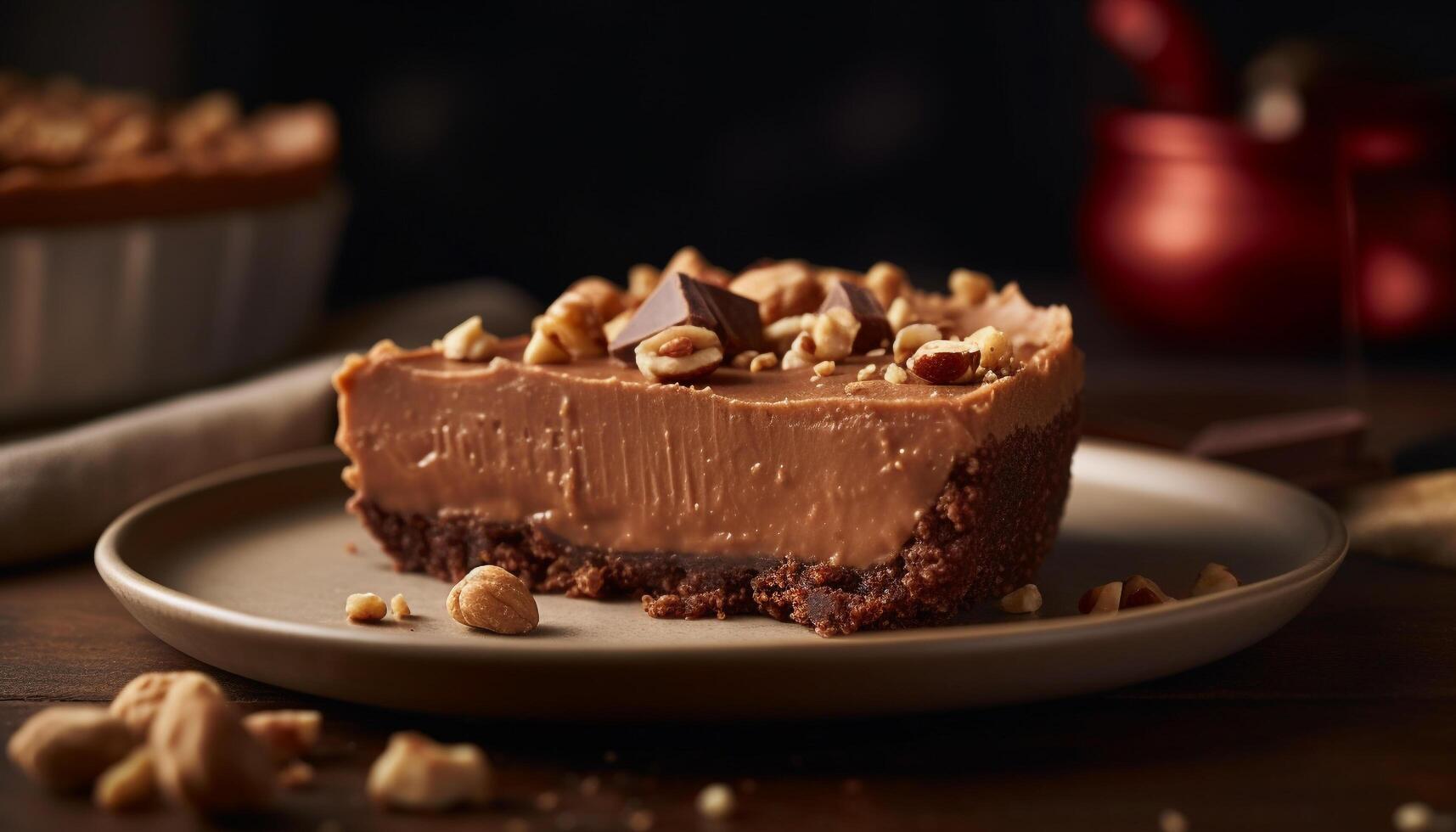 A homemade dark chocolate brownie slice on a rustic wooden plate generated by AI photo