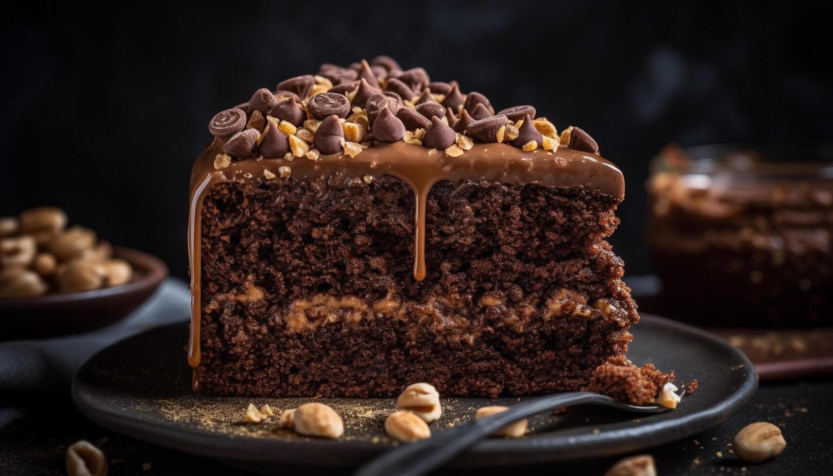 A homemade chocolate brownie on a rustic wooden table generated by AI photo