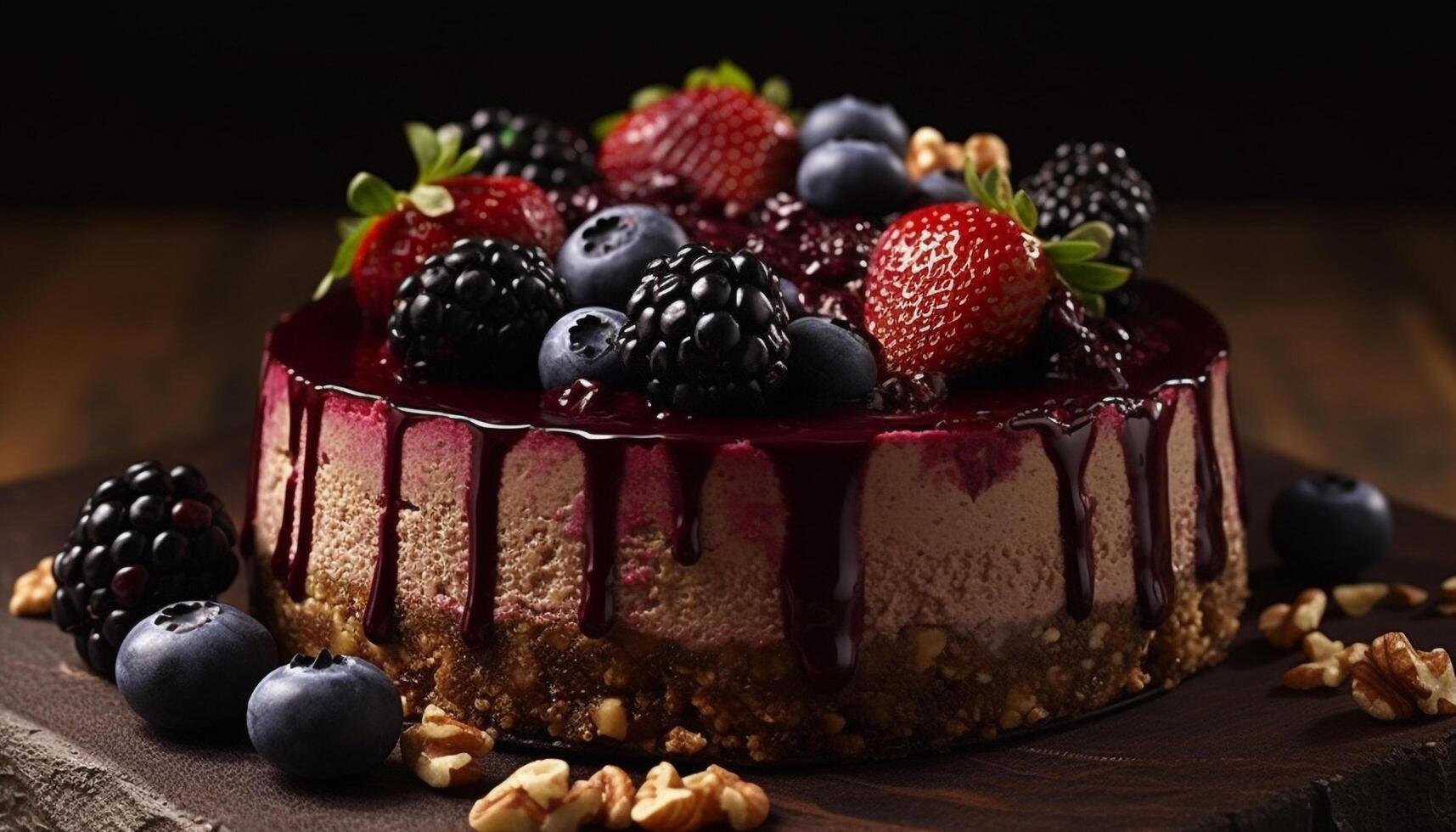 Freshness of summer berries on a homemade chocolate cheesecake slice generated by AI photo
