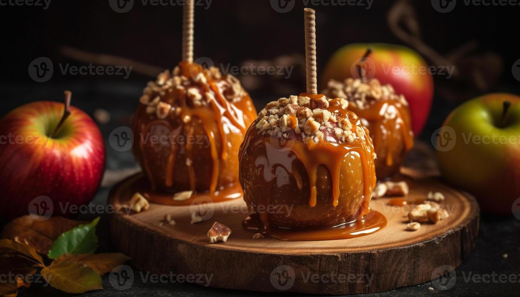 A homemade apple dessert on a rustic wood table in autumn generated by AI photo