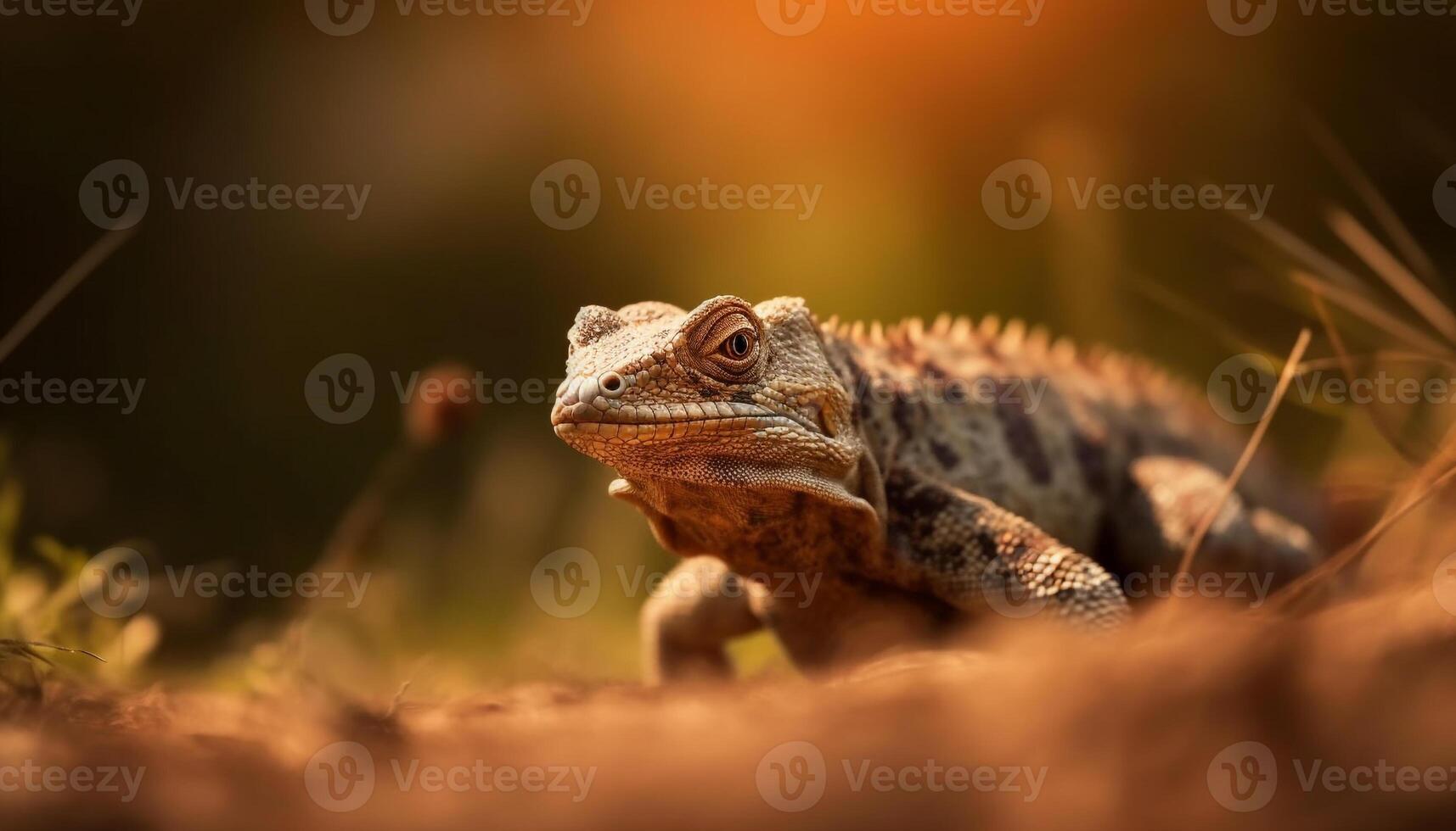 A cute lizard crawls on a branch in the wild generated by AI photo
