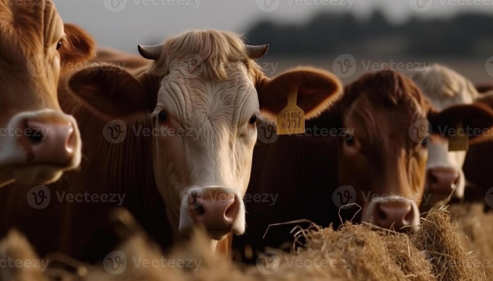 Cows grazing on a green meadow, a peaceful rural scene generated by AI photo