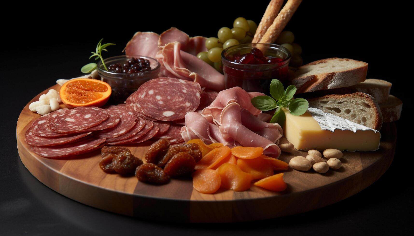 A rustic plate of gourmet meat, bread, and fresh fruit generated by AI photo