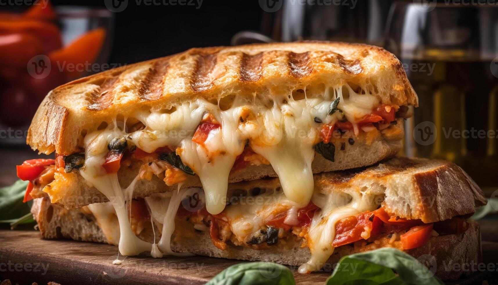 Grilled meat, fresh vegetables, melting mozzarella on toasted bread