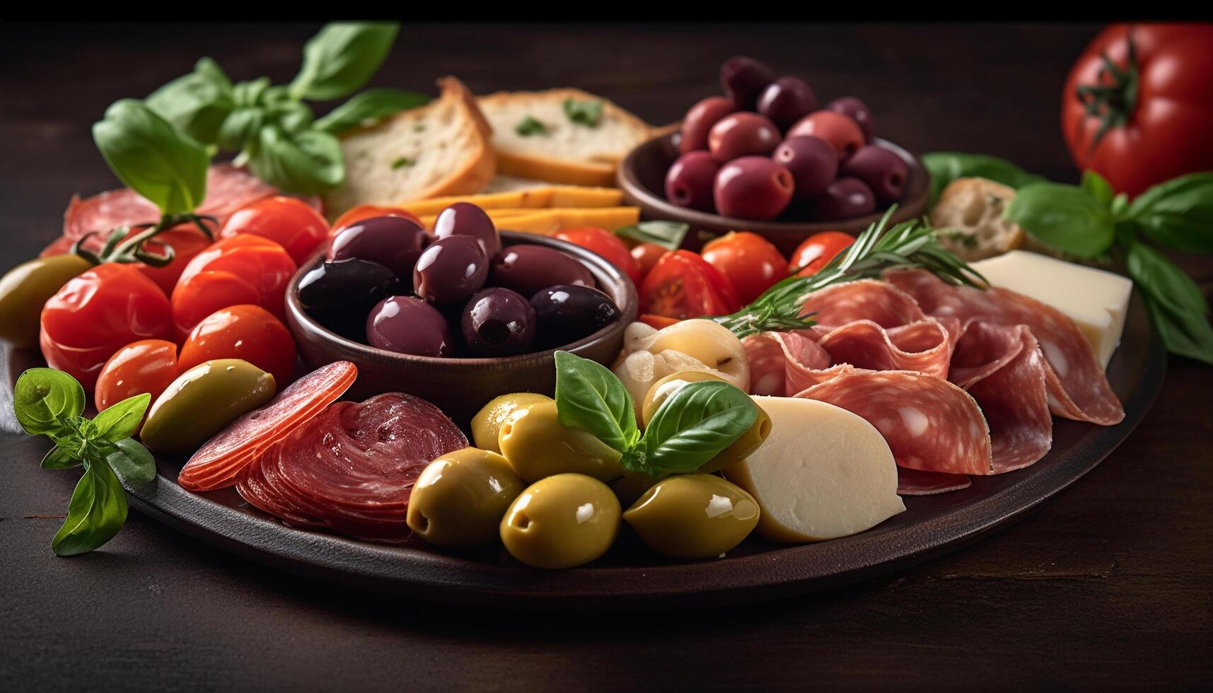 Fresh tomato and olive salad on rustic wooden table generated by AI photo