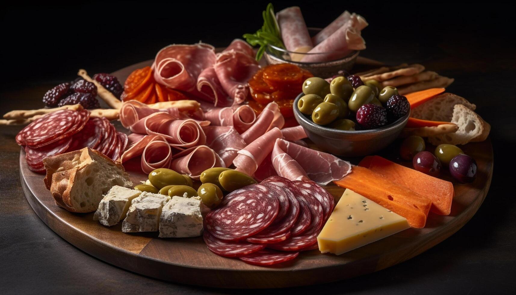 A rustic plate of gourmet meat, cheese, and fresh bread generated by AI photo
