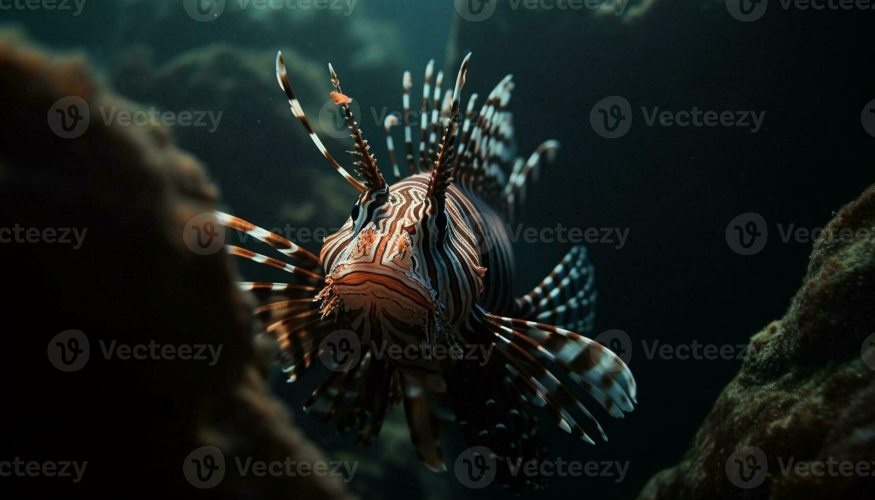Underwater animal, nature fish reef, lionfish scuba diving water generated by AI photo