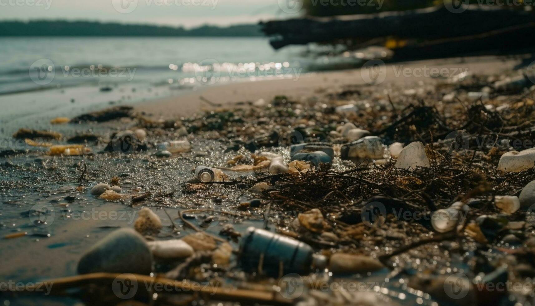 Nature beauty in a messy, unhygienic coastline pollution, garbage, plastic generated by AI photo