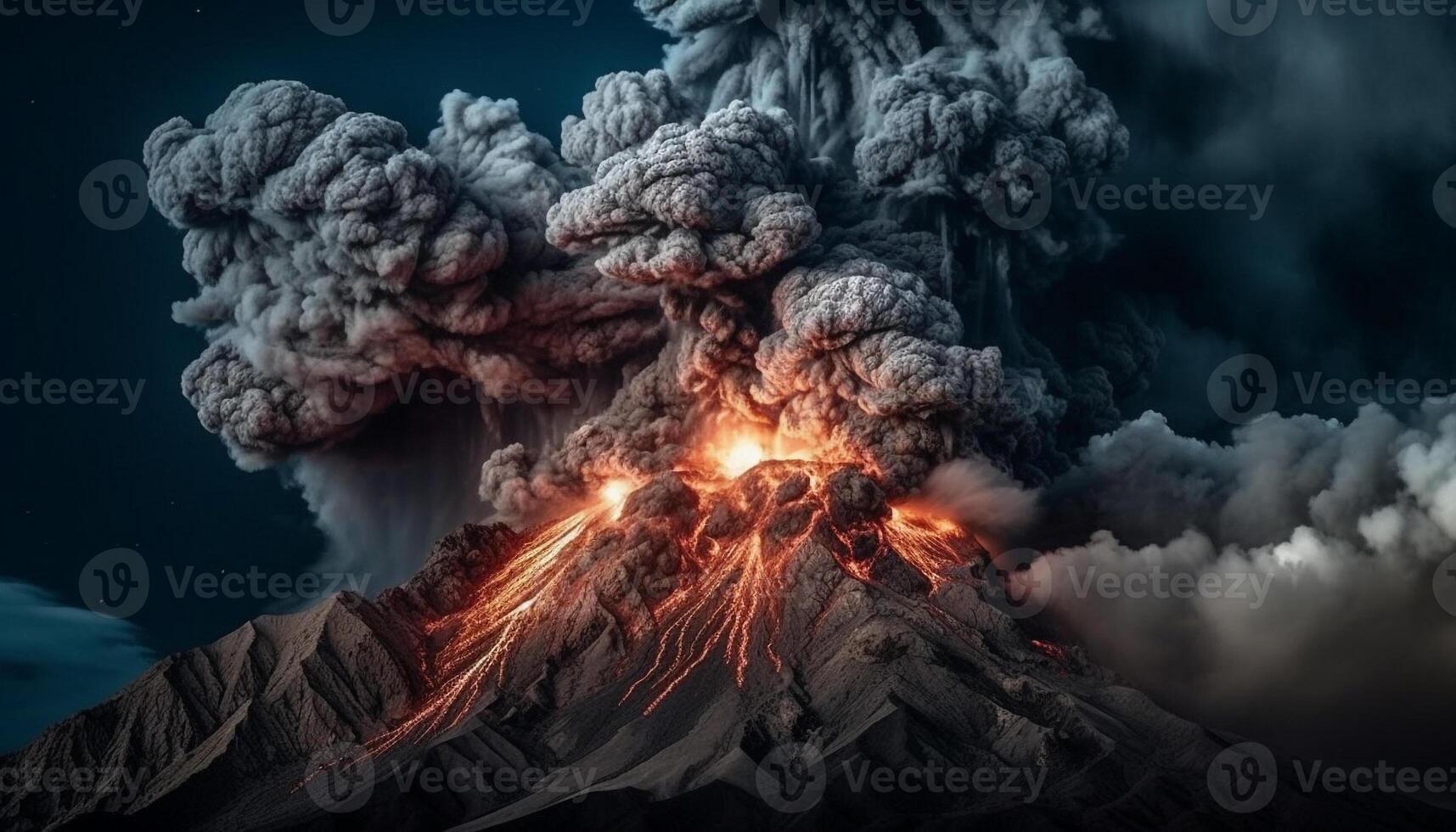 Flaming mountain erupts, engulfing nature in destructive inferno of pollution generated by AI photo