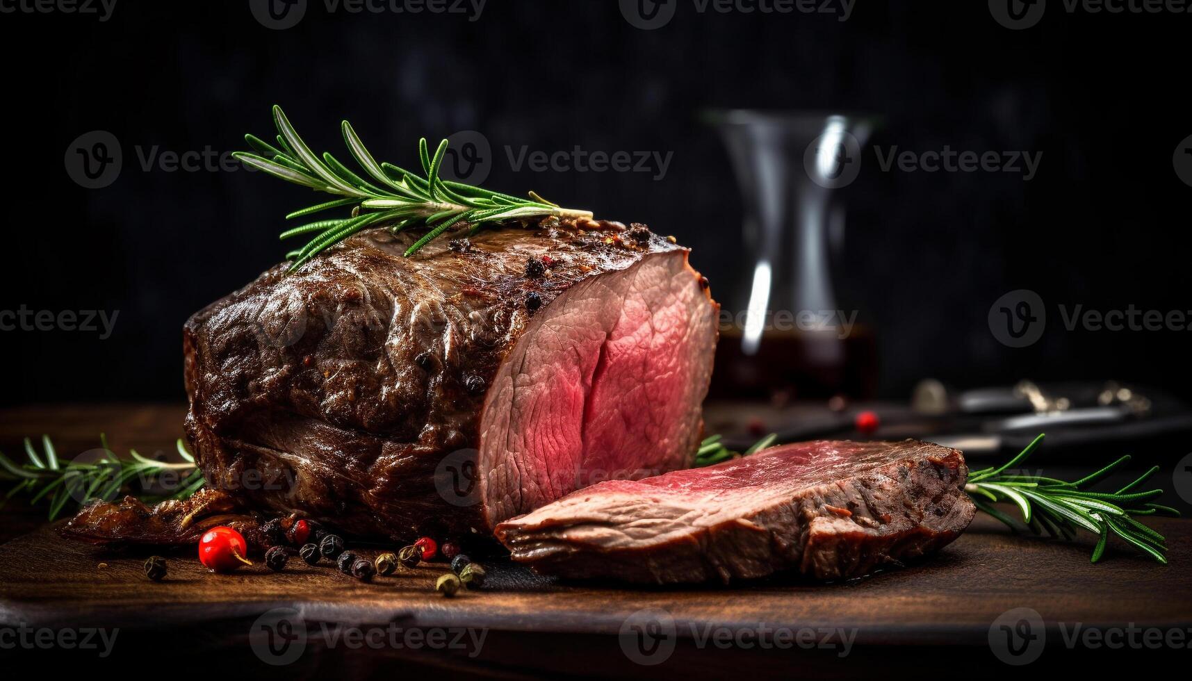 recién A la parrilla filete en un rústico de madera mesa, sazonado a perfección generado por ai foto