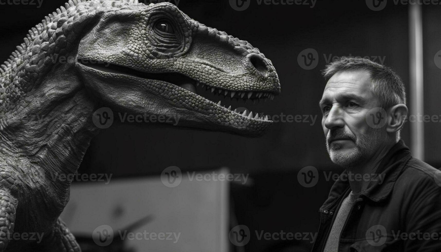 antiguo hombre con un barba sonriente, participación un juguete dinosaurio generado por ai foto