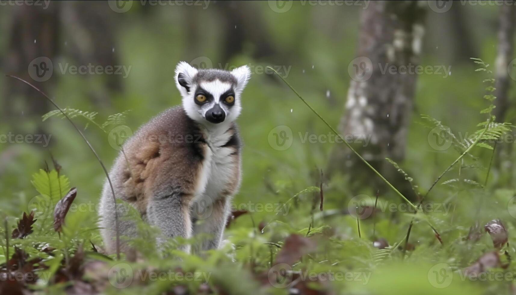 Cute ring tailed lemur sitting on branch, looking at camera generated by AI photo