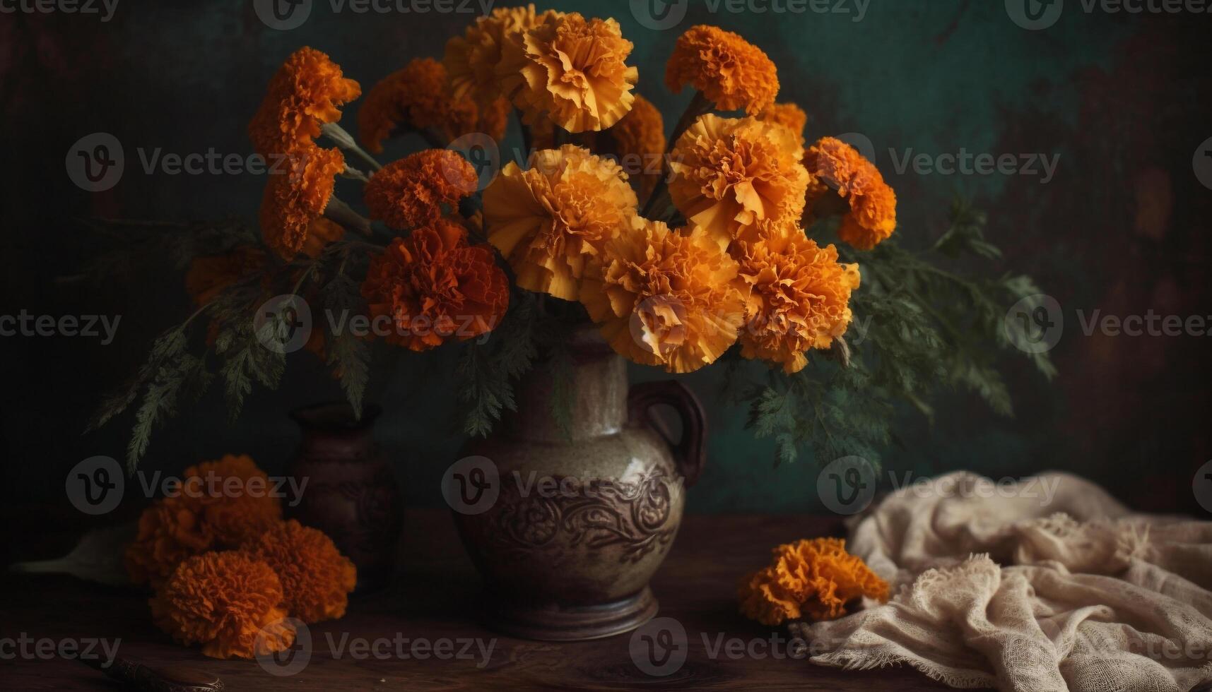 A rustic wooden table holds a bouquet of colorful flowers generated by AI photo