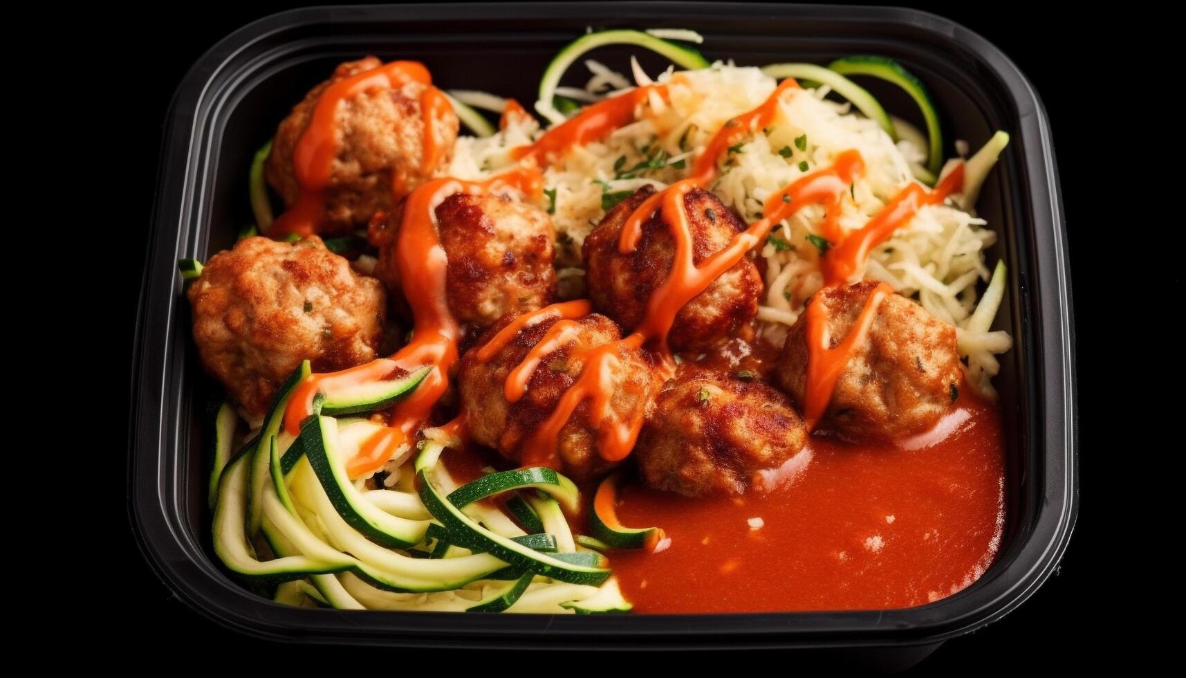 Grilled meatball with tomato sauce, parsley, and fresh vegetables on plate generated by AI photo