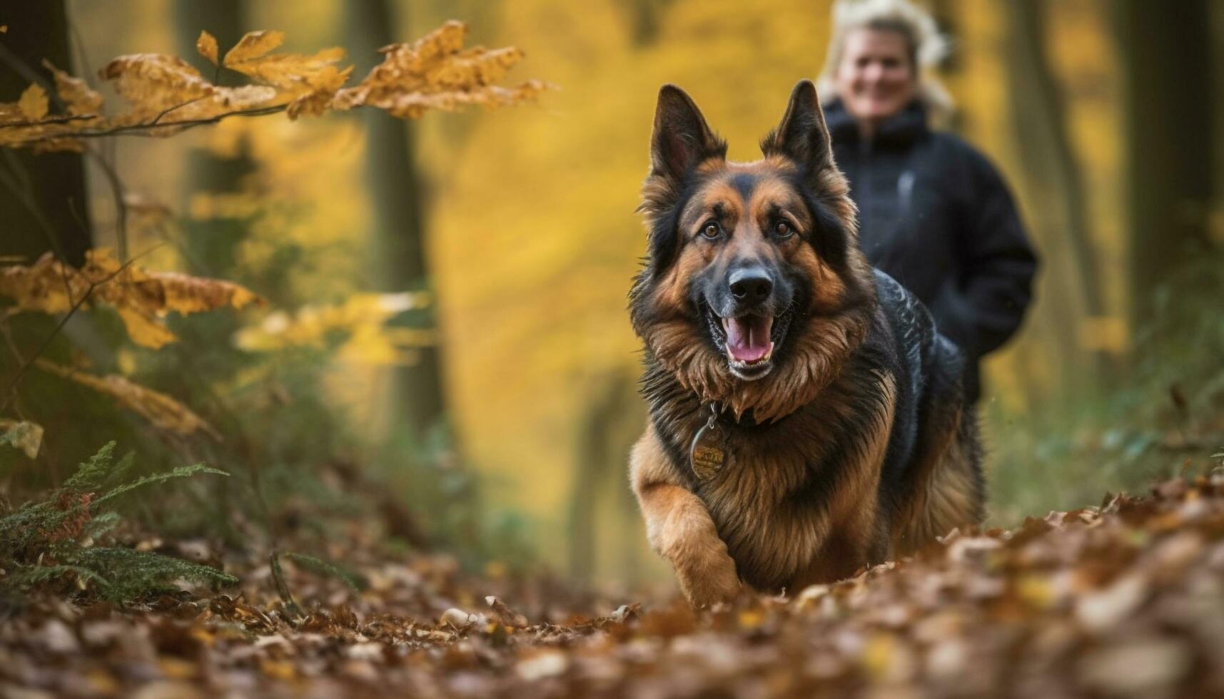 Cute German Shepherd puppy playing outdoors in autumn forest generated by AI photo
