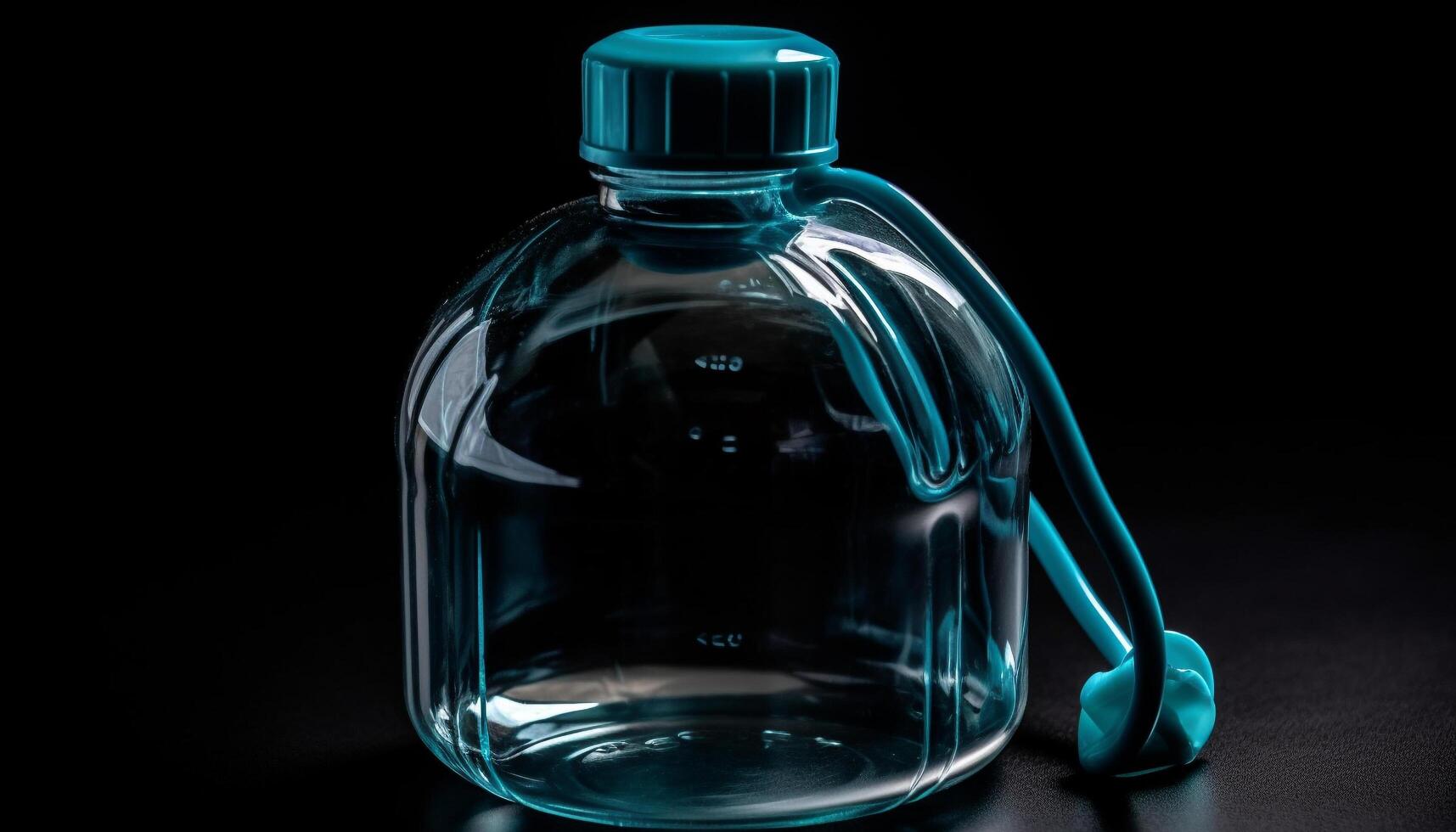 transparente vaso botella con azul líquido, reflejando limpiar antecedentes generado por ai foto