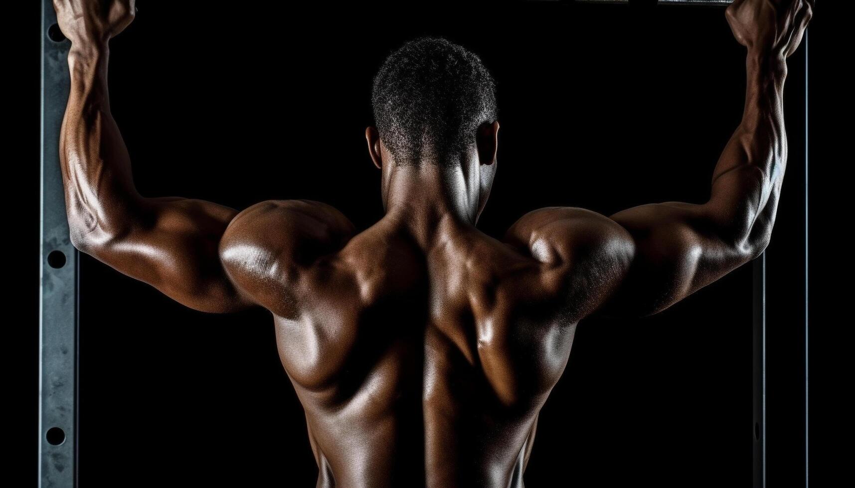 muscular atleta exhibiendo fortaleza, sin camisa, flexionando bíceps, torso, hacer ejercicio generado por ai foto