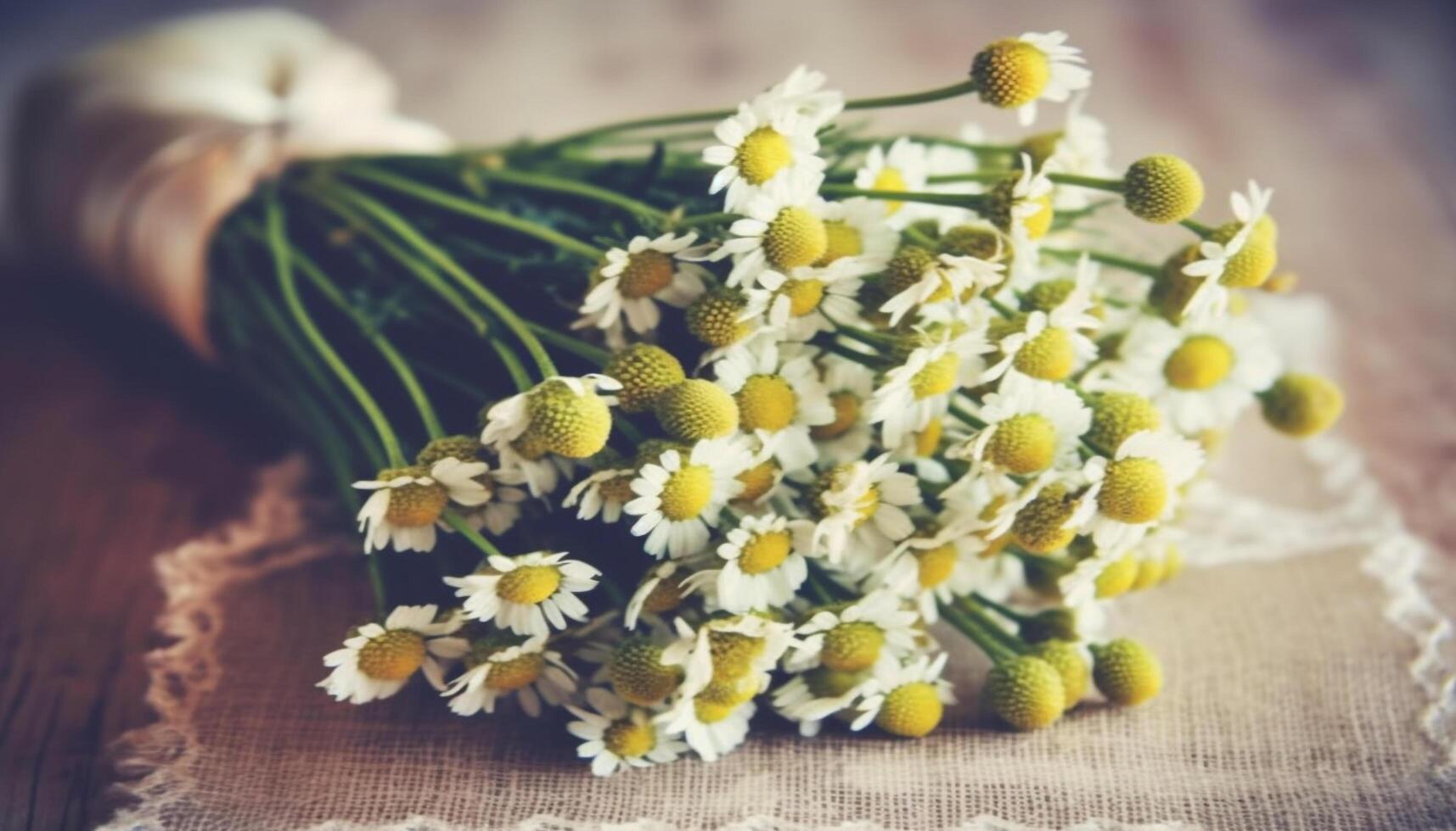 A rustic table with a fresh bouquet of yellow daisies generated by AI photo