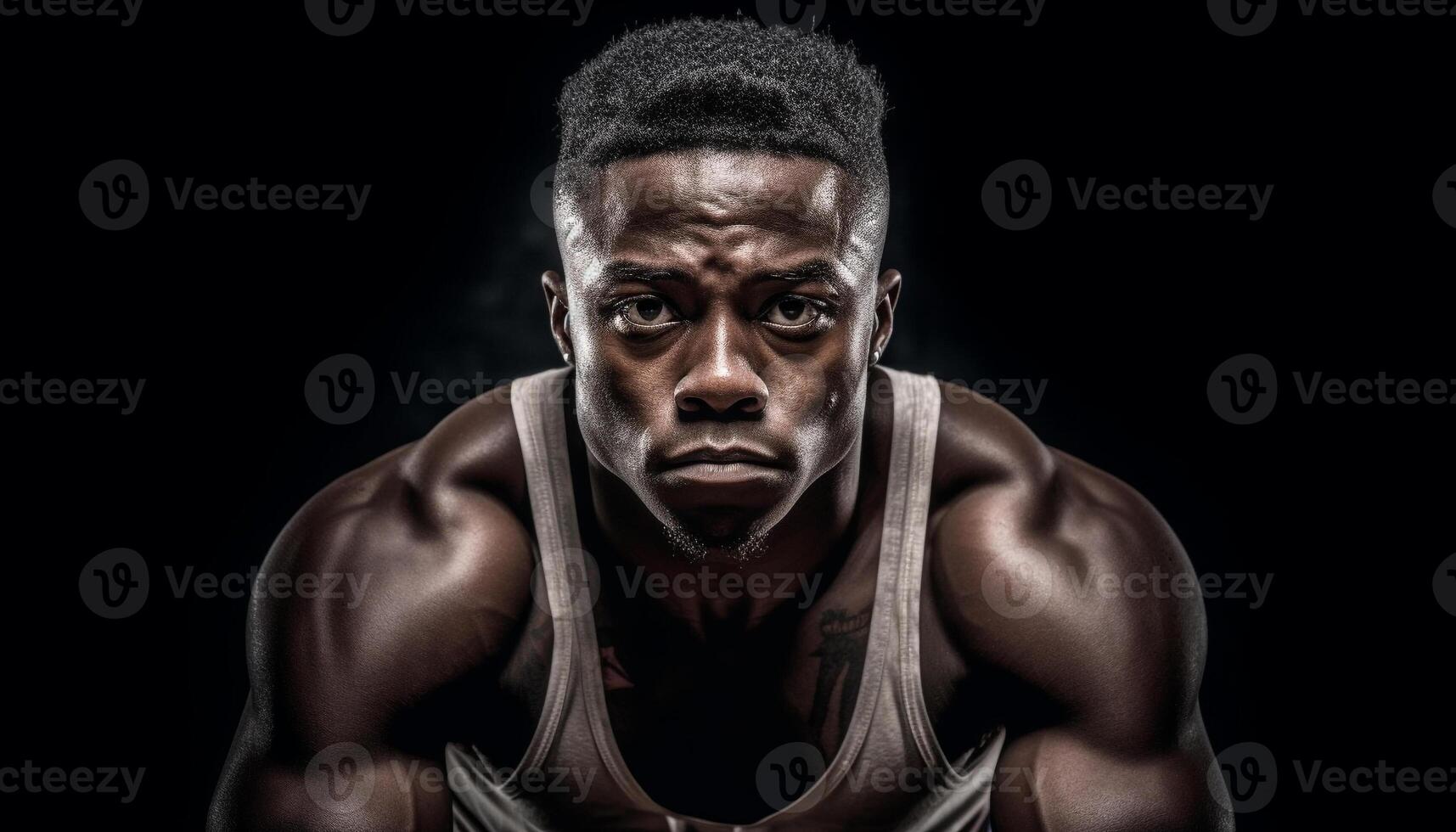 A determined young athlete with a muscular build looking at camera generated by AI photo