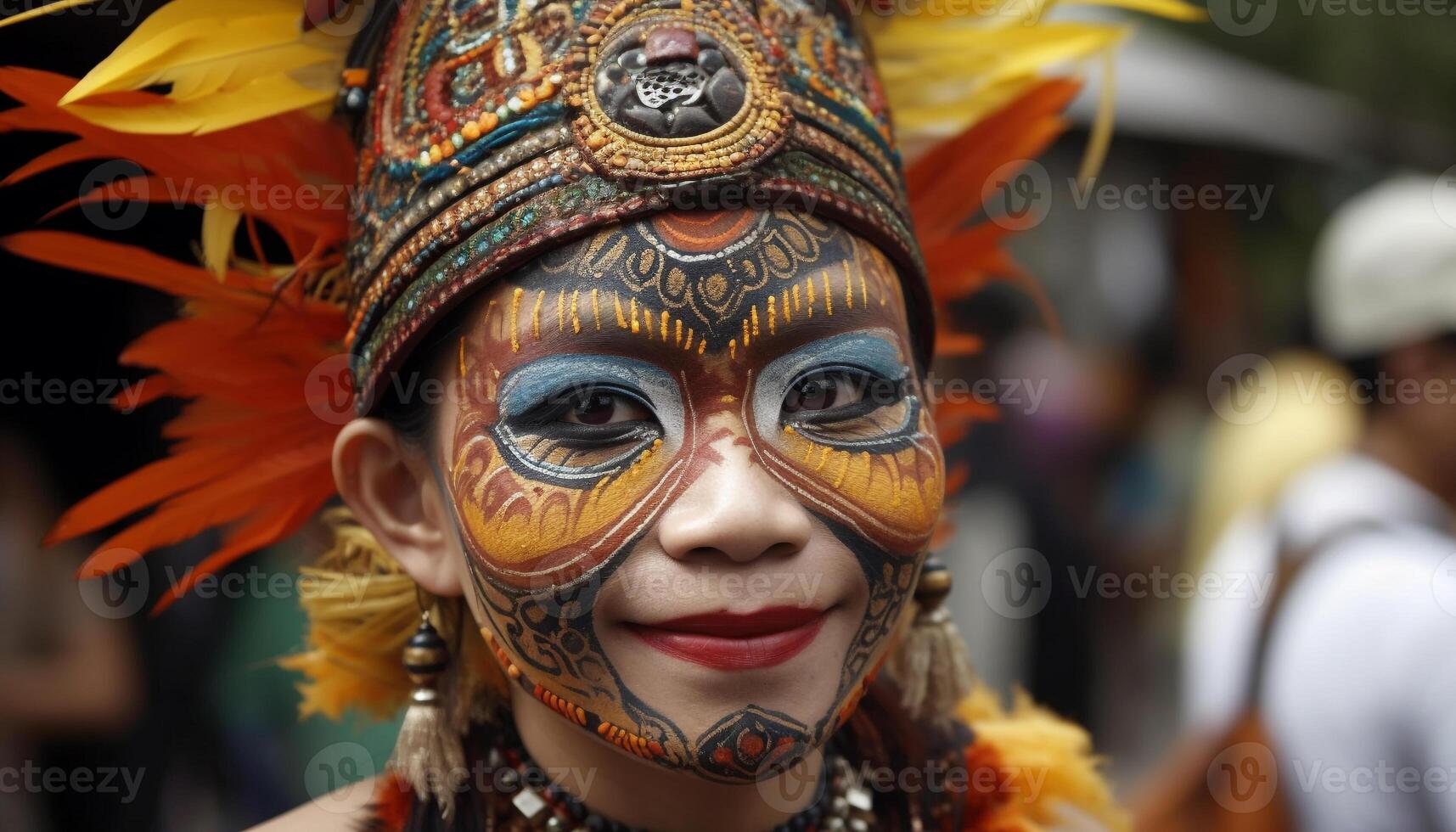 Smiling woman in traditional clothing at colorful indigenous festival generated by AI photo
