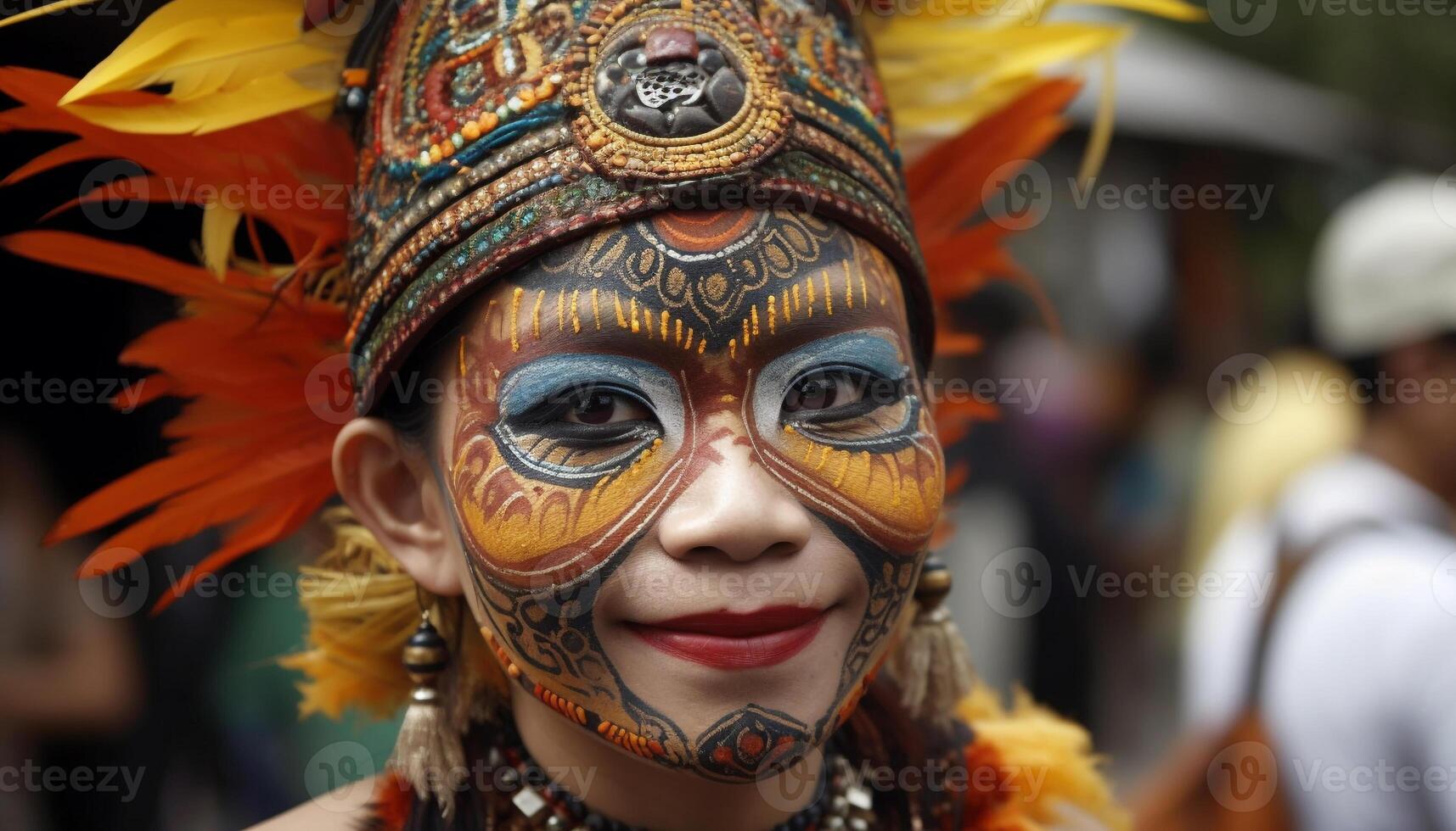 sonriente mujer en tradicional ropa a vistoso indígena festival generado por ai foto