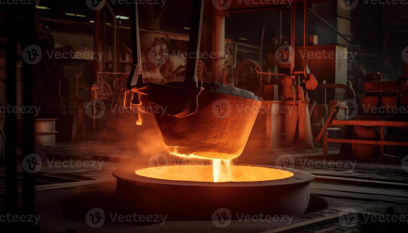 Melting metal industry pouring liquid steel in workshop furnace generated by AI photo