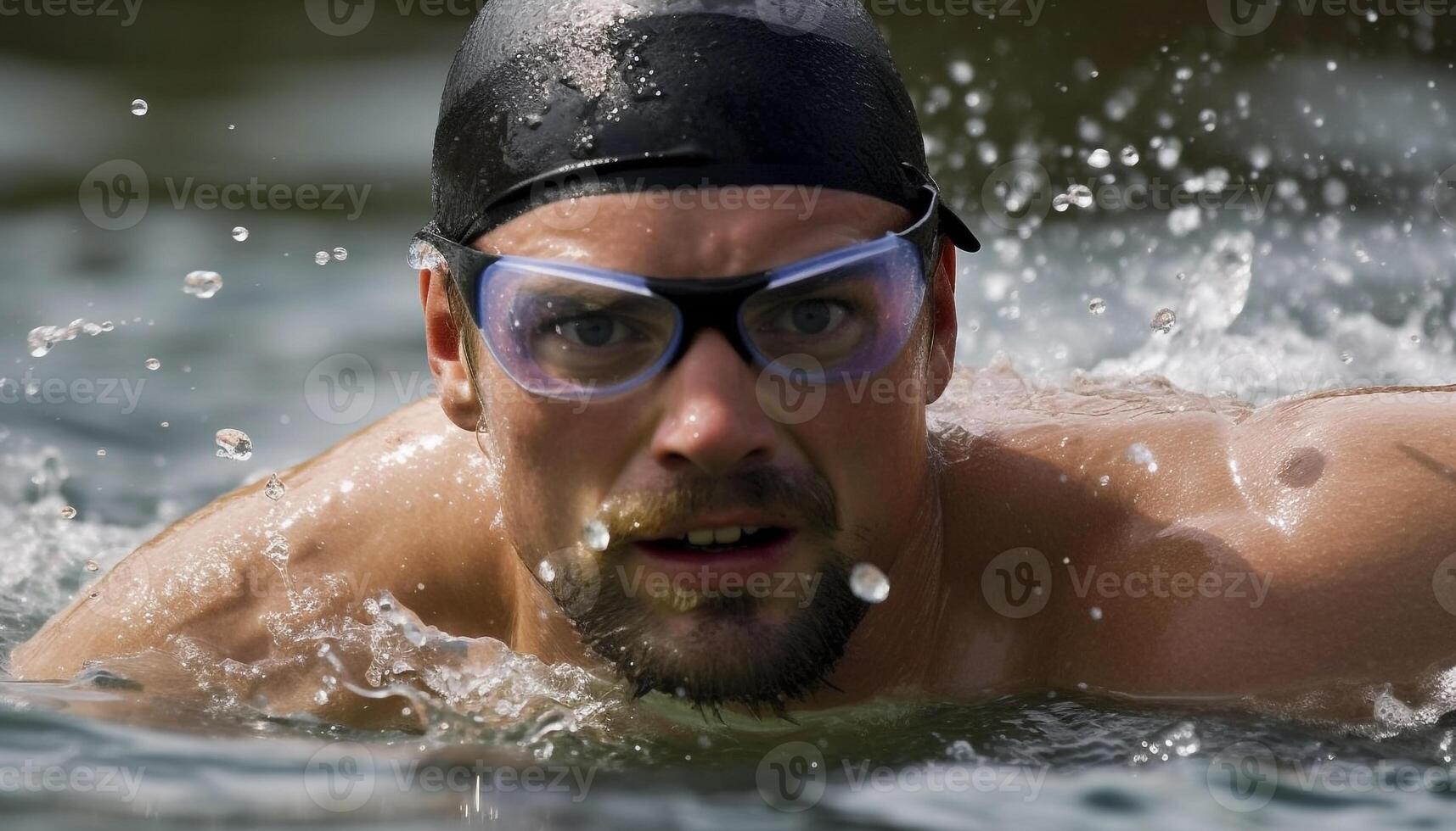 A muscular man swimming in a pool, enjoying his vacation generated by AI photo