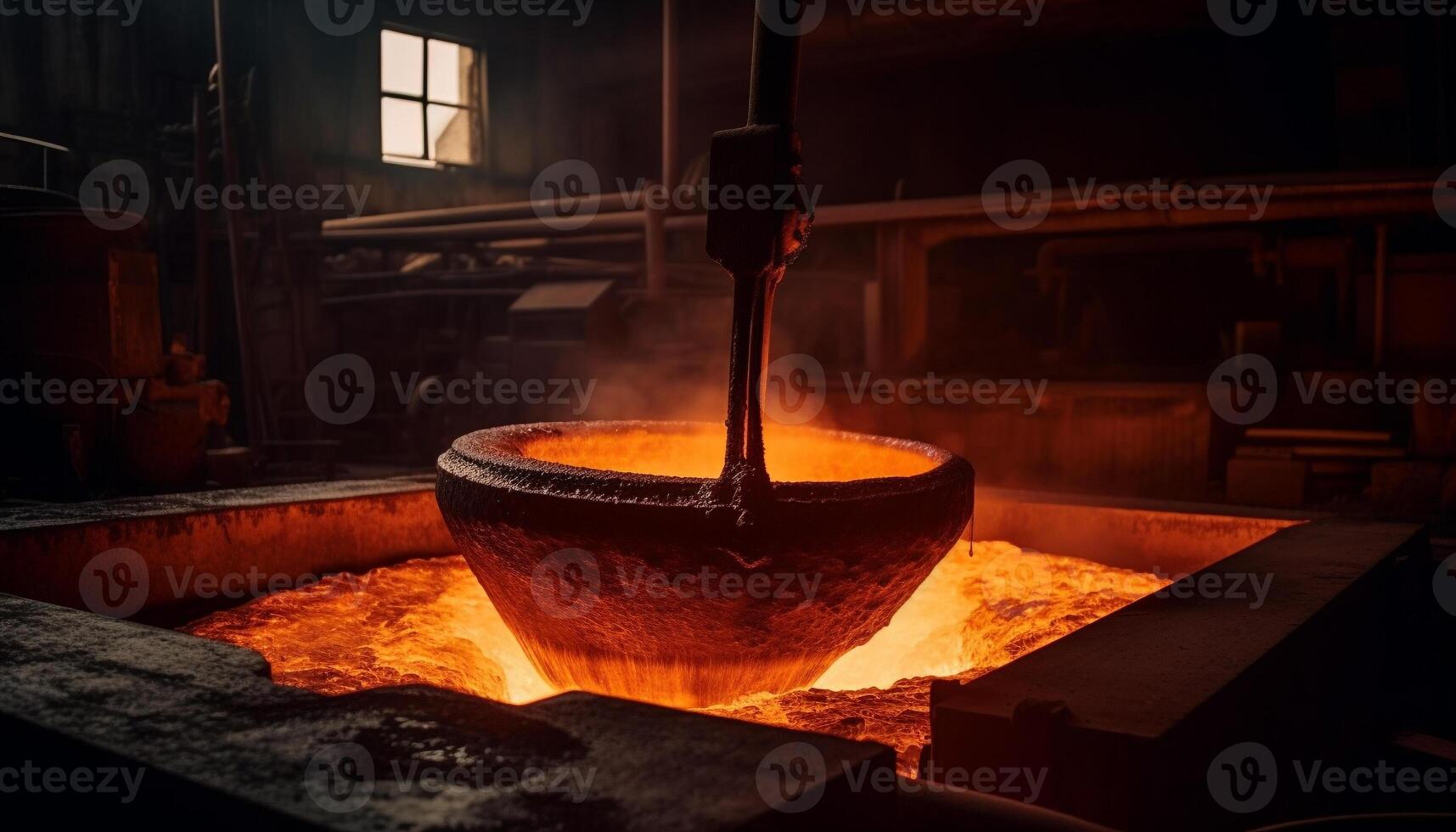 Melting metal, pouring liquid, heat, temperature, fire, natural phenomenon, working generated by AI photo