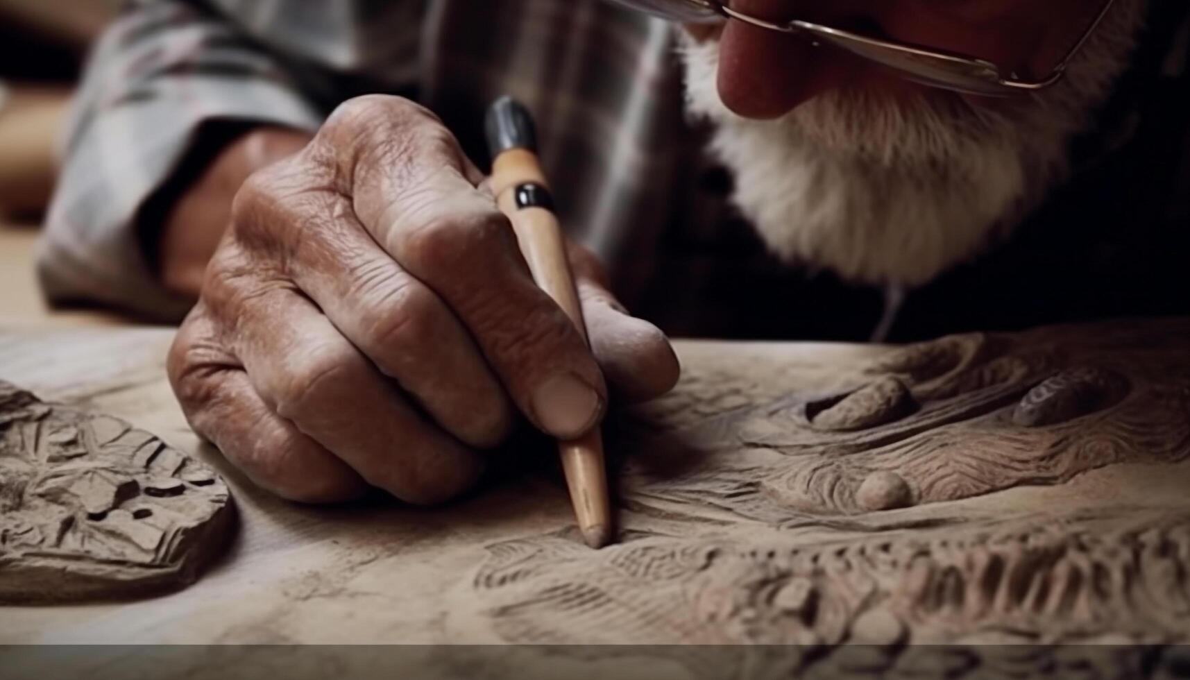 Senior adult craftsman working on wood, handcrafted art with precision generated by AI photo