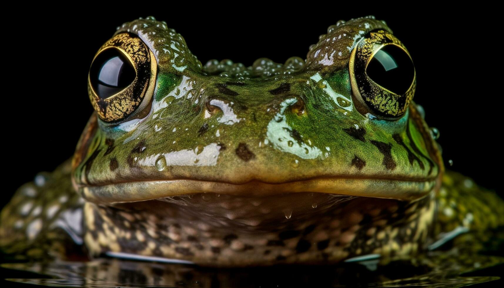 A cute green toad sitting in the wet forest generated by AI photo