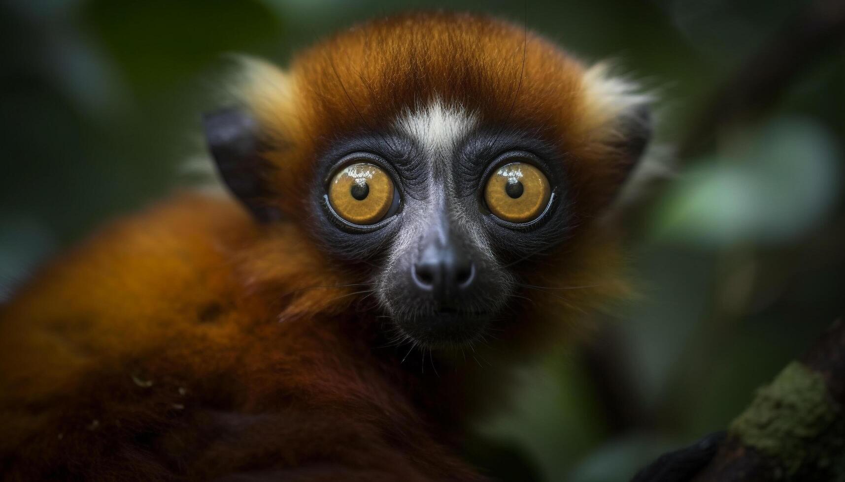 linda lémur sentado en rama, curioso con amarillo ojos generado por ai foto