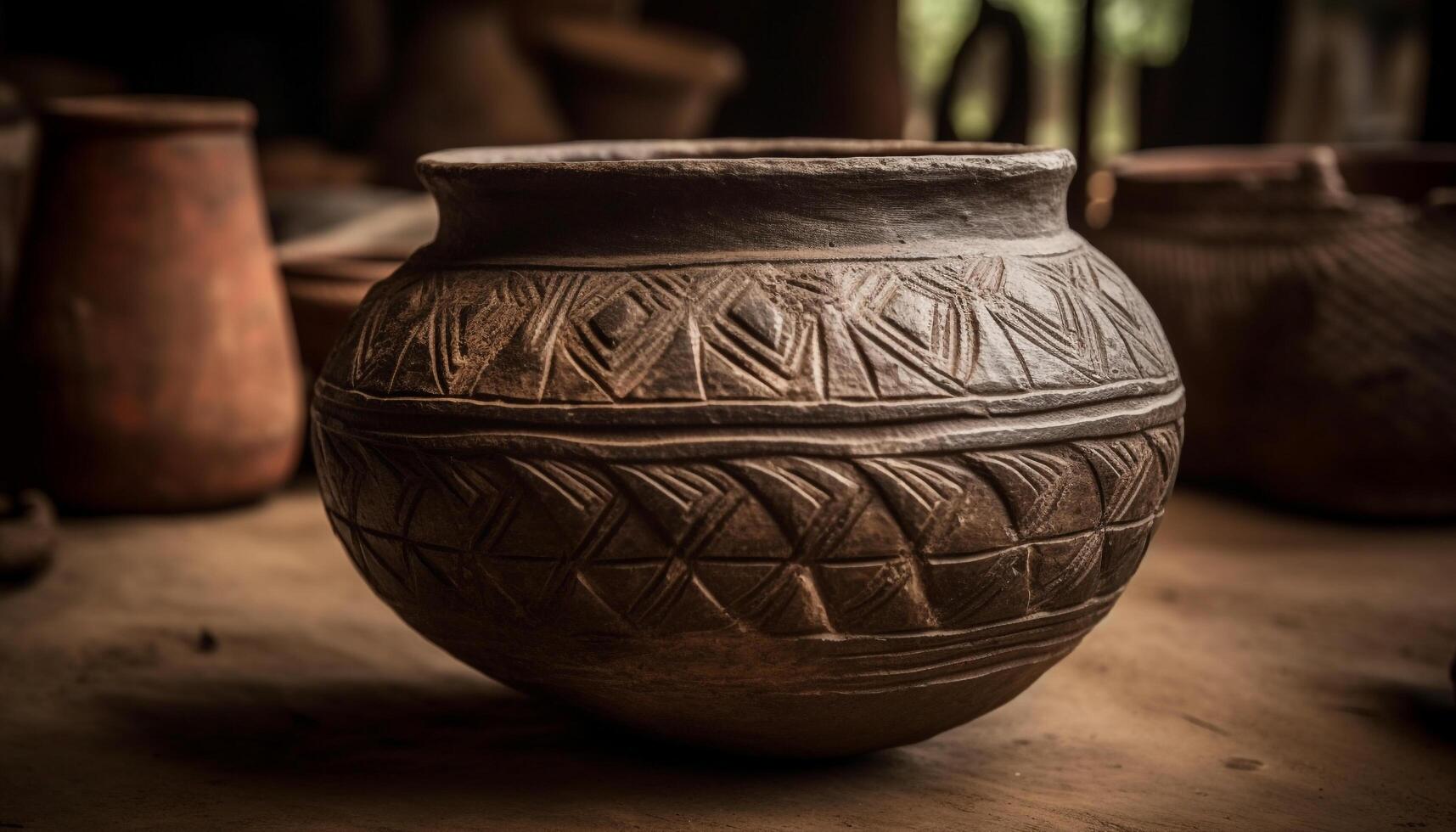 Ancient pottery vase, a rustic craft with ornate decoration generated by AI photo