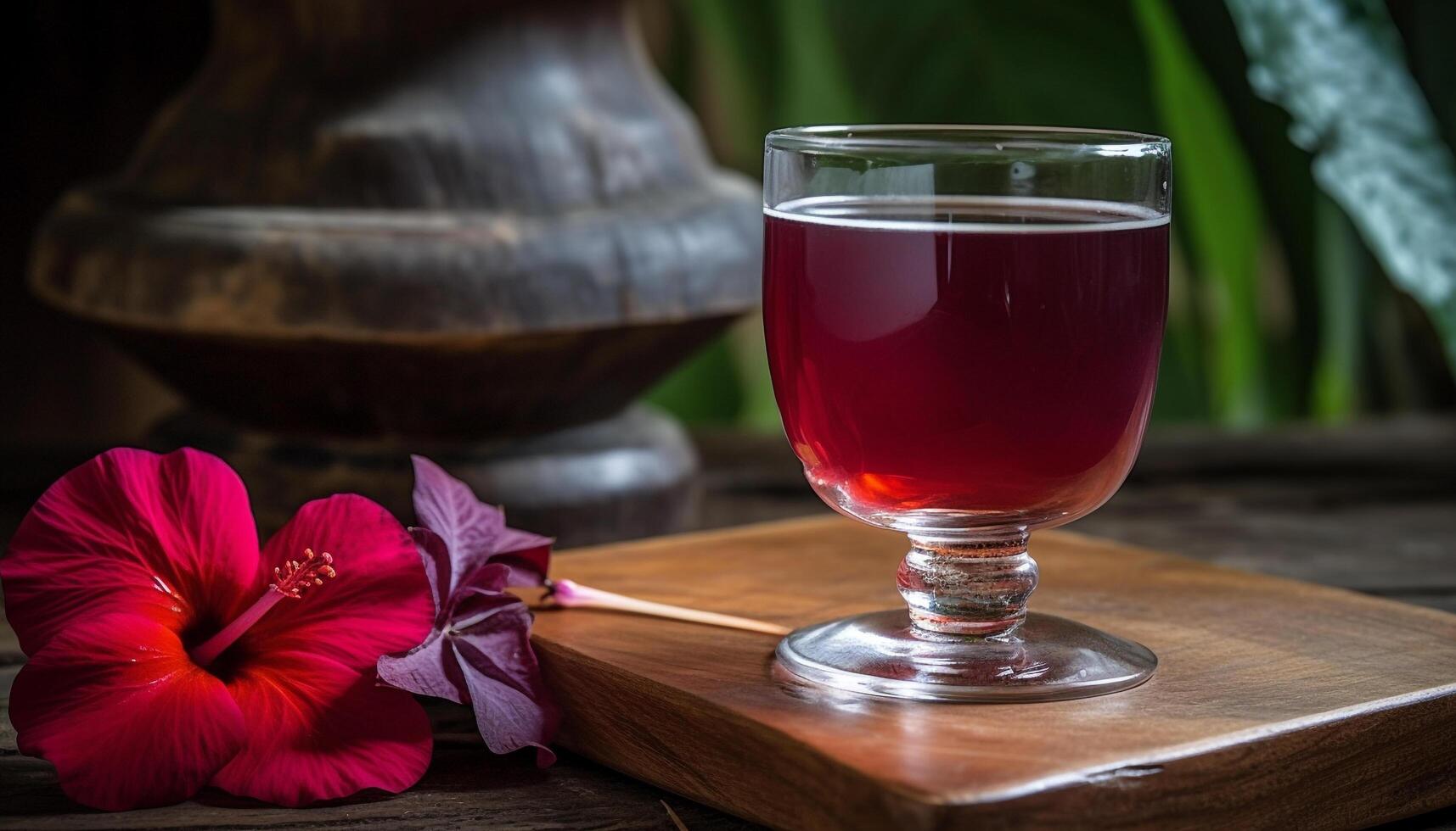 Wooden table with a fresh wineglass, nature elegance in celebration generated by AI photo