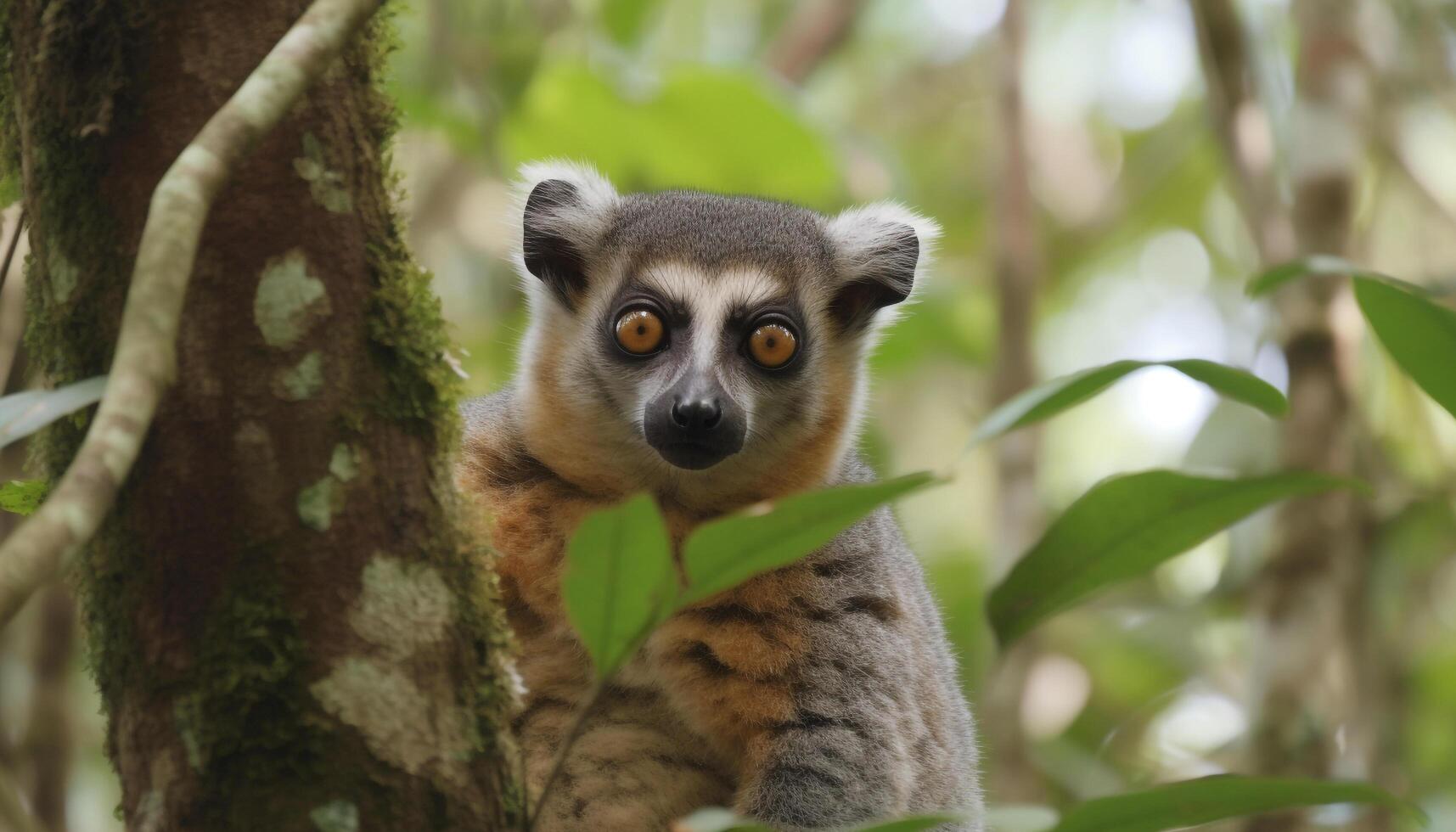 Cute ring tailed lemur sitting on branch, staring at camera generated by AI photo