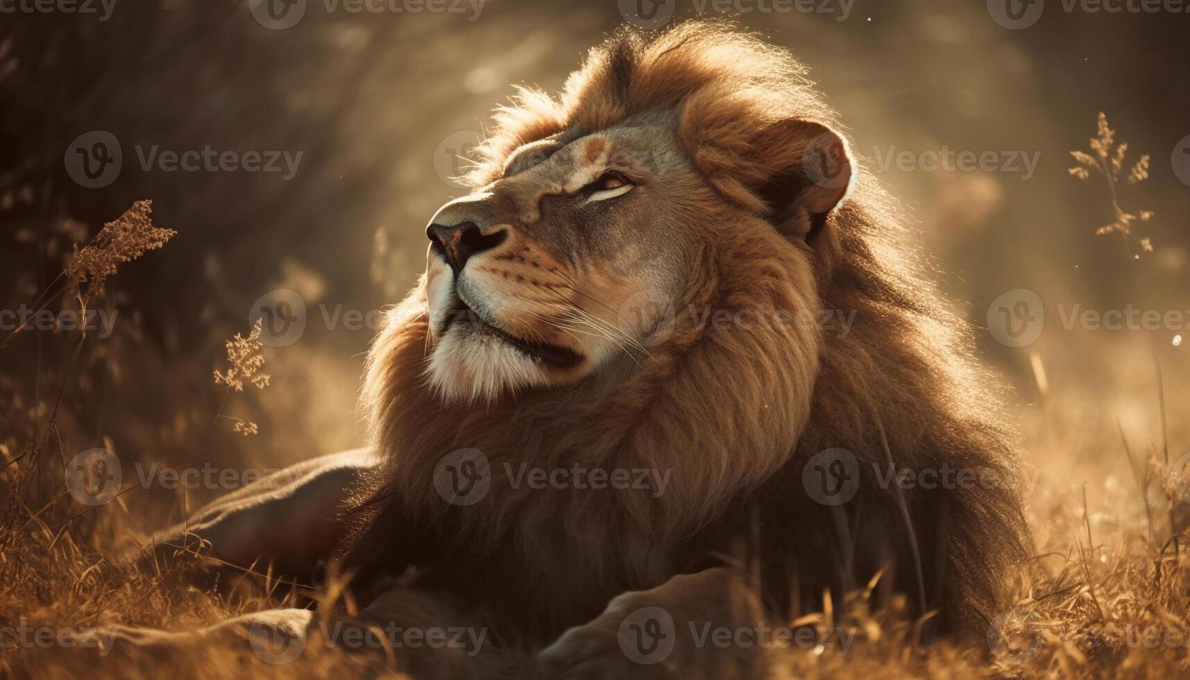 Majestic lion resting in the wild, surrounded by natural beauty generated by AI photo