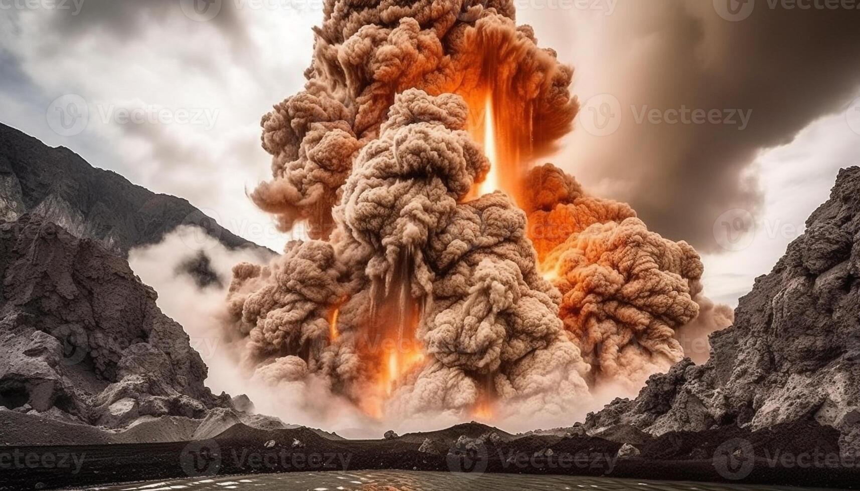 llameante montaña entra en erupción, destruyendo naturaleza con ardiente volcánico infierno generado por ai foto