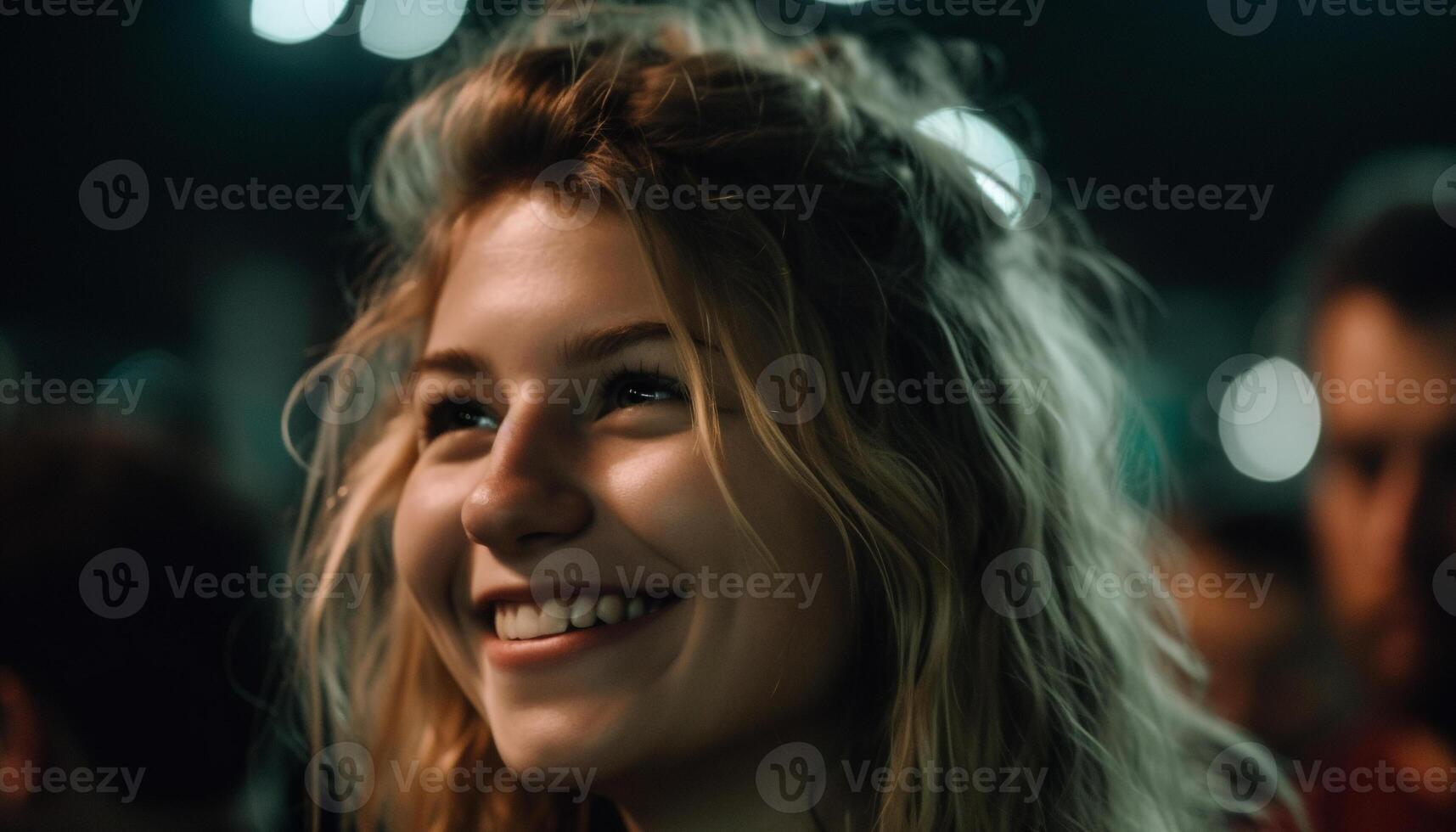 sonriente joven adulto mujer disfrutando la vida nocturna, despreocupado y mirando hermosa generado por ai foto