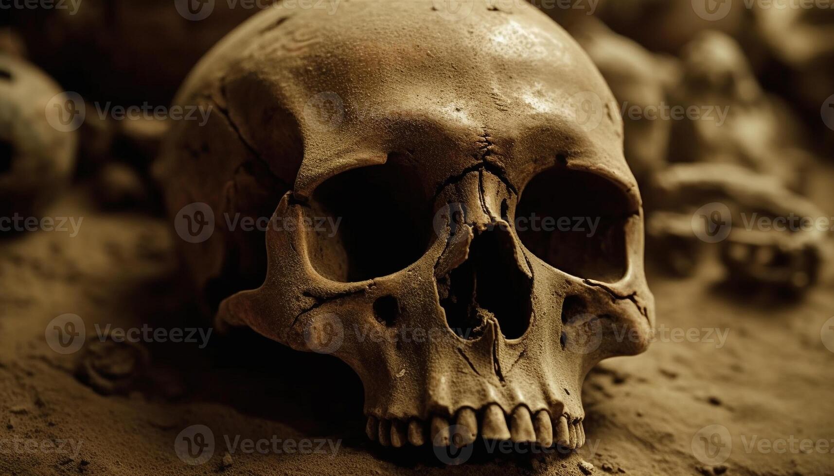 Spooky Halloween horror old skull, death, dark, dirty, ancient violence generated by AI photo
