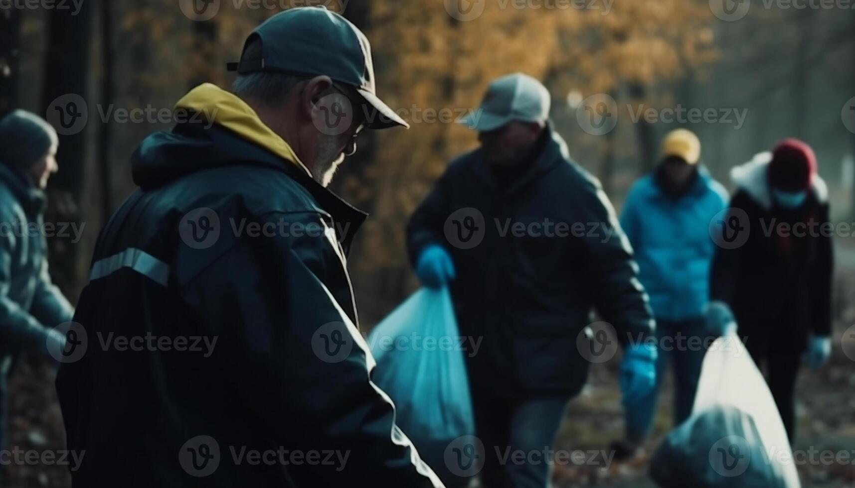 A group of adults walking in the winter forest together generated by AI photo