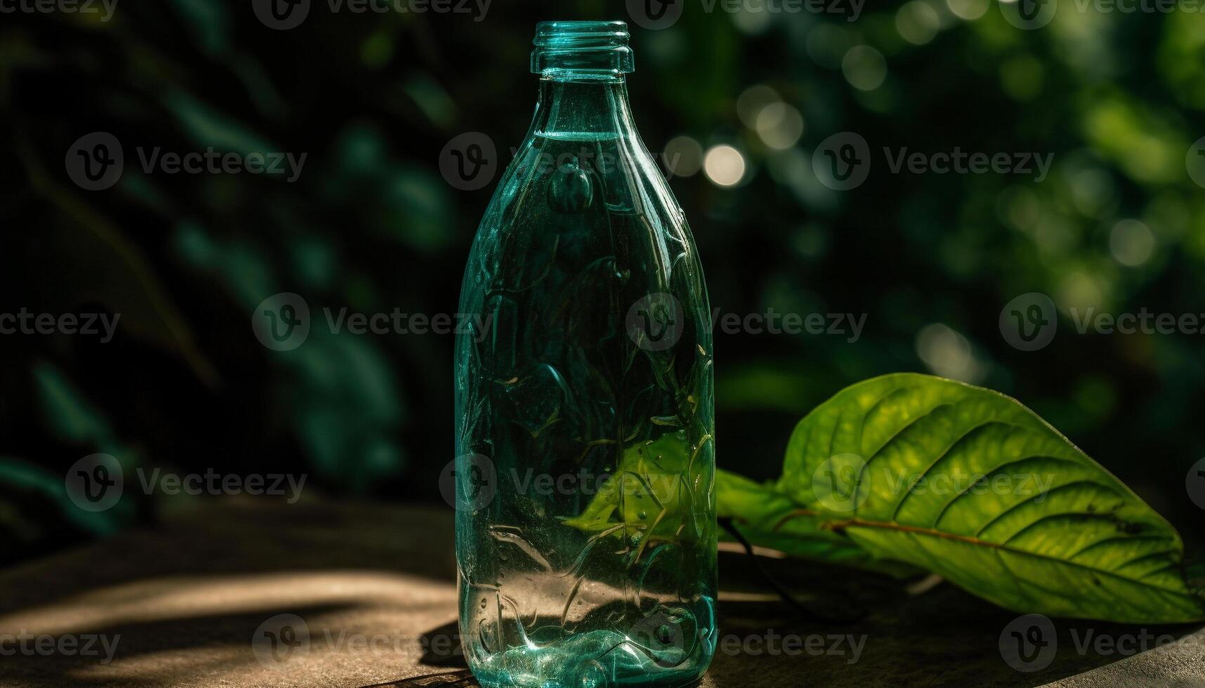 Fresh green leaf reflects in a transparent glass bottle of water generated by AI photo