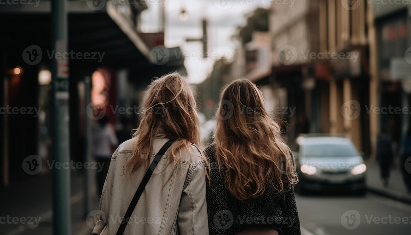 joven mujer caminando juntos, sonriente, disfrutando ciudad vida y amistad generado por ai foto