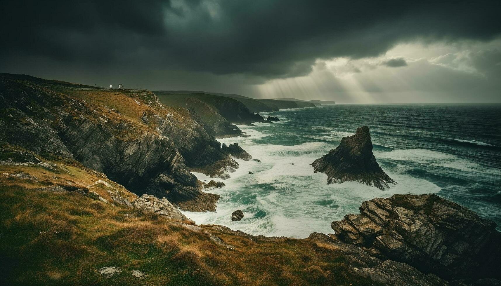 majestuoso montaña acantilado, oscuro cielo, erosionado roca, estrellarse olas generado por ai foto