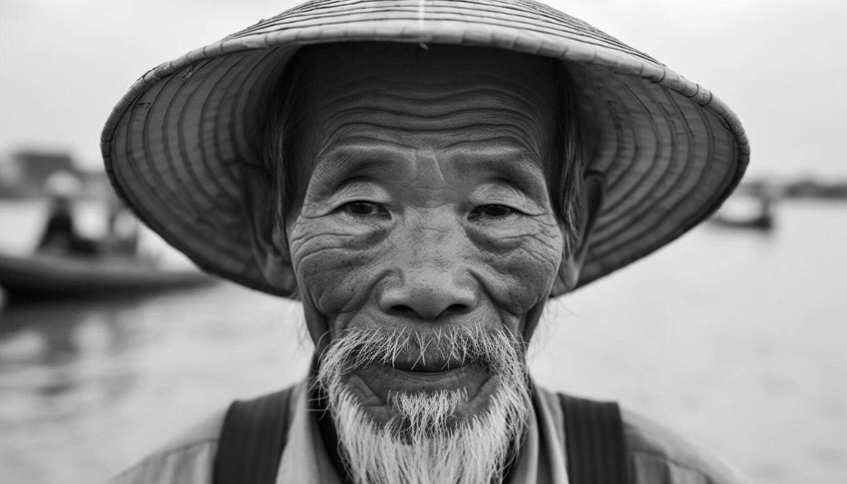 Smiling senior man in straw hat, looking at camera outdoors generated by AI photo