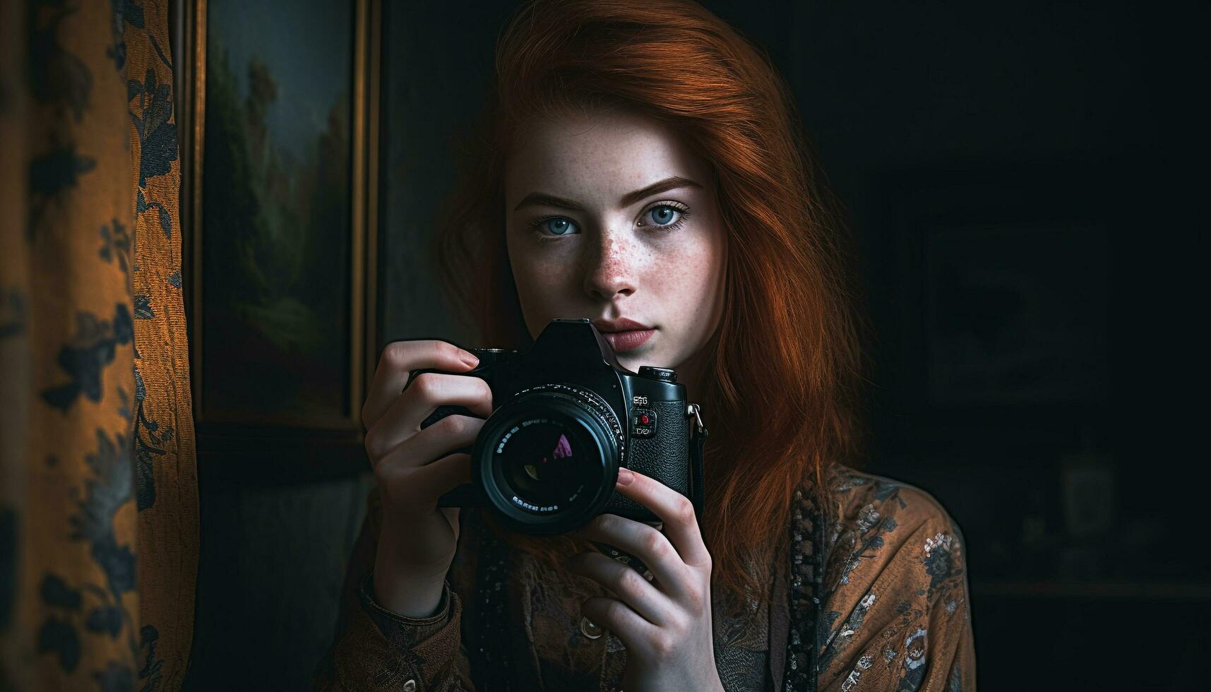 Young adult woman photographer holding camera, looking at camera indoors generated by AI photo
