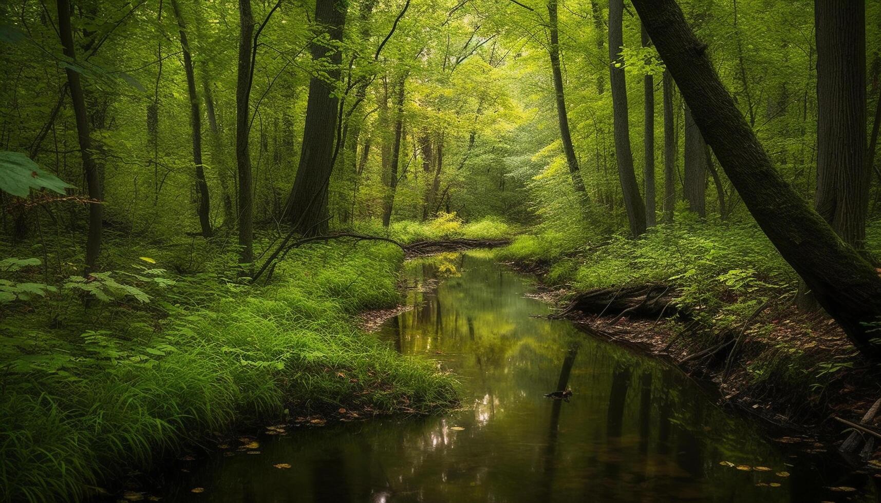 A tranquil scene of a lush green forest in autumn generated by AI photo