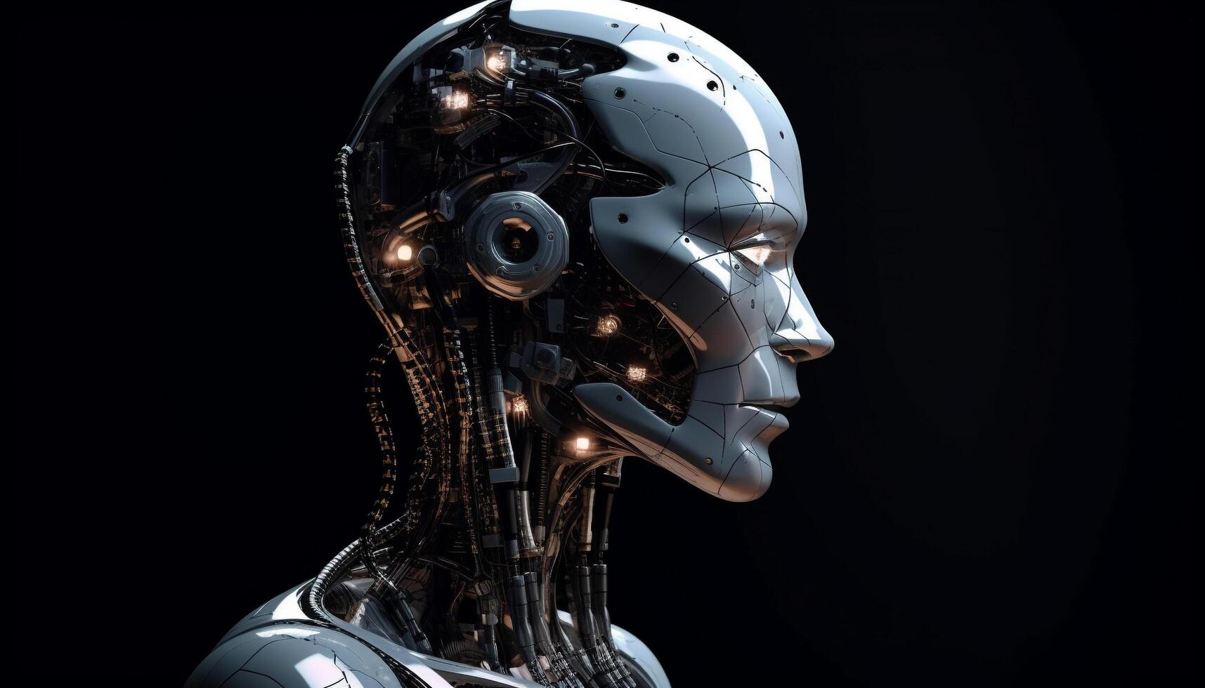 Futuristic robot cyborg technology, science men One person black background generated by AI photo