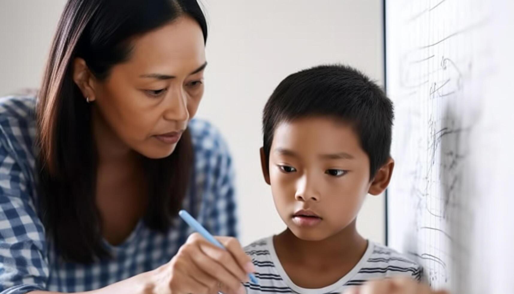 Two boys studying in a classroom with their teacher and mother generated by AI photo