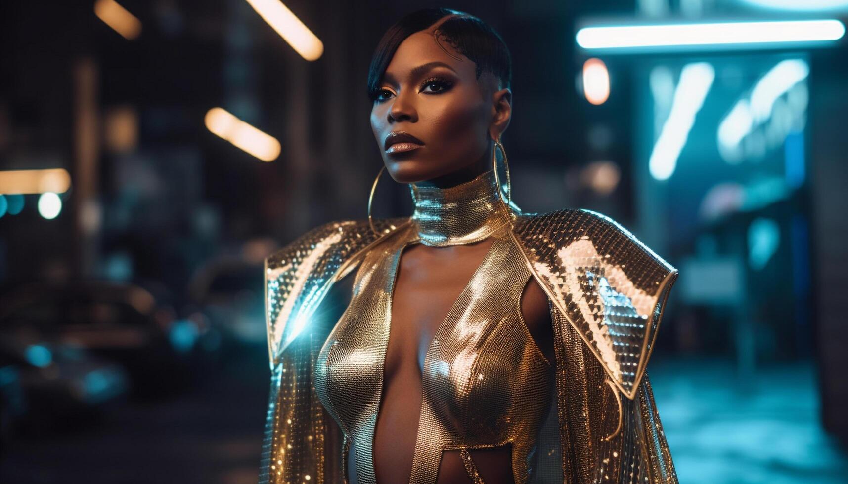 A confident young woman, illuminated in the night, exudes elegance generated by AI photo